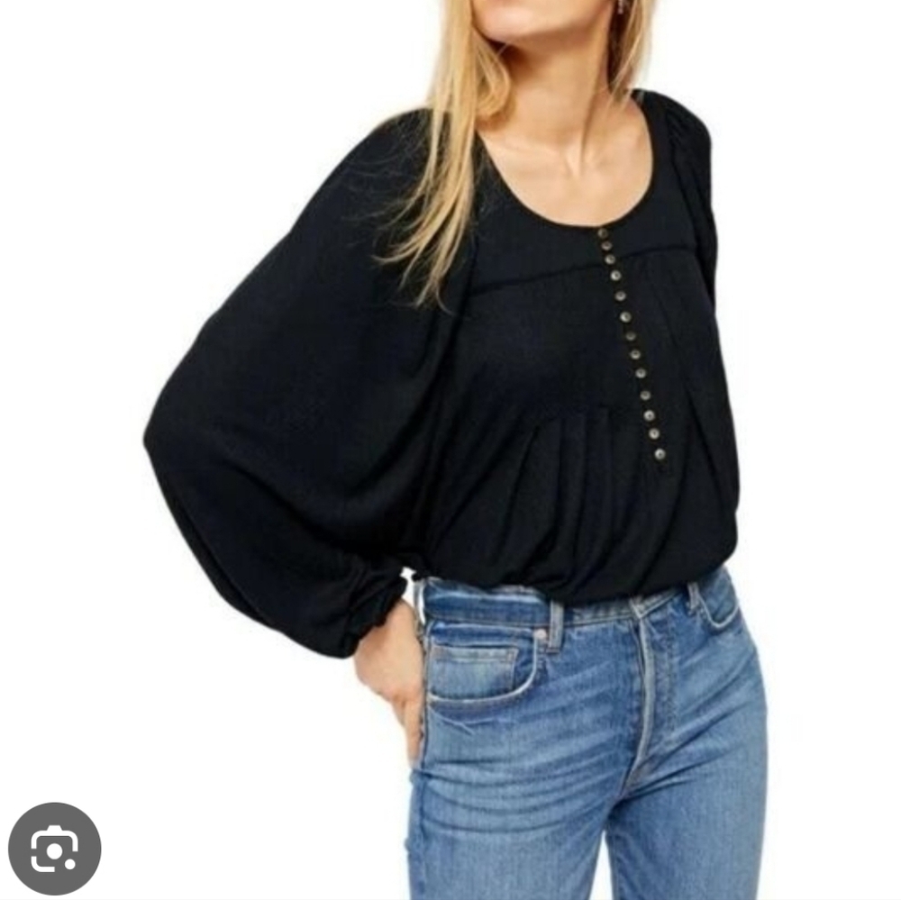 Free People Devin Swing Top In Waffle Knit Small Navy Billowy Sleeves